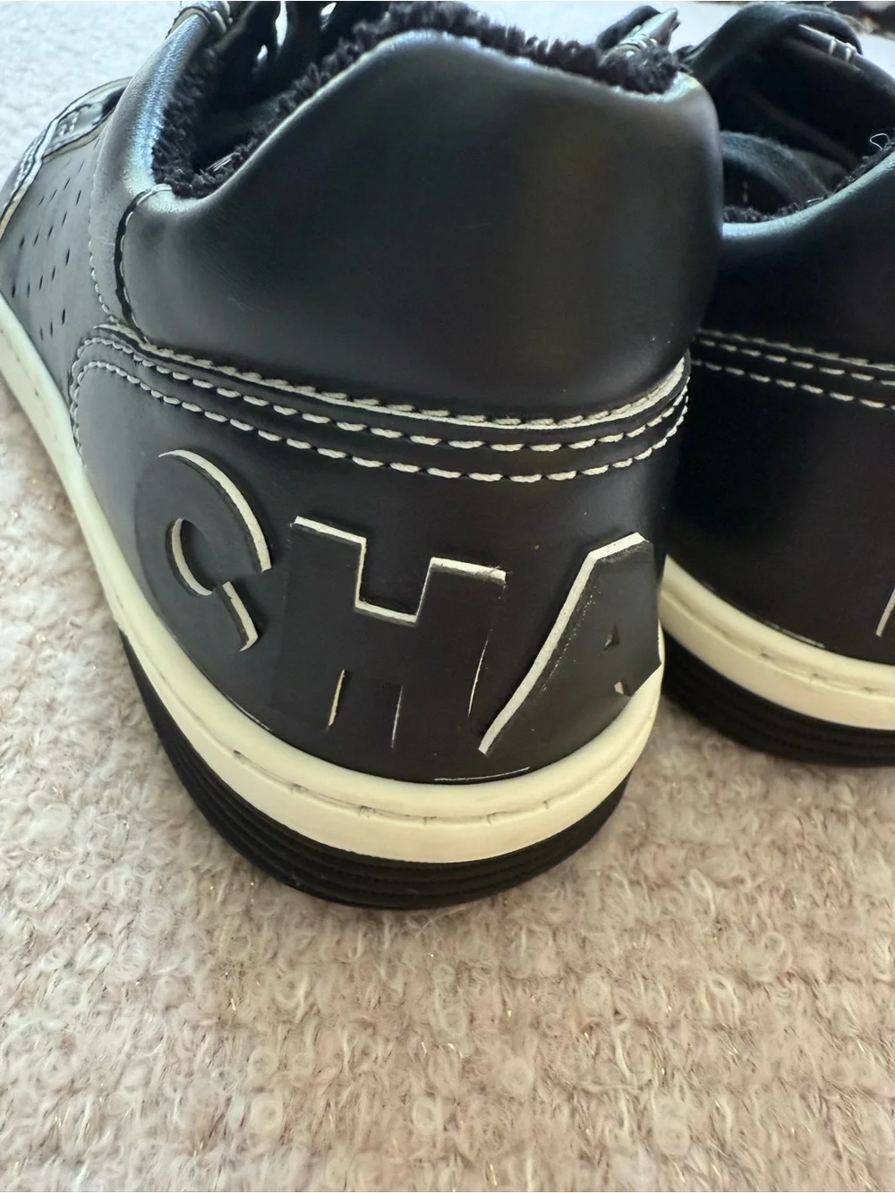 CHANEL Black Leather Low-Top Sneakers with White Stitching size 6 never worn